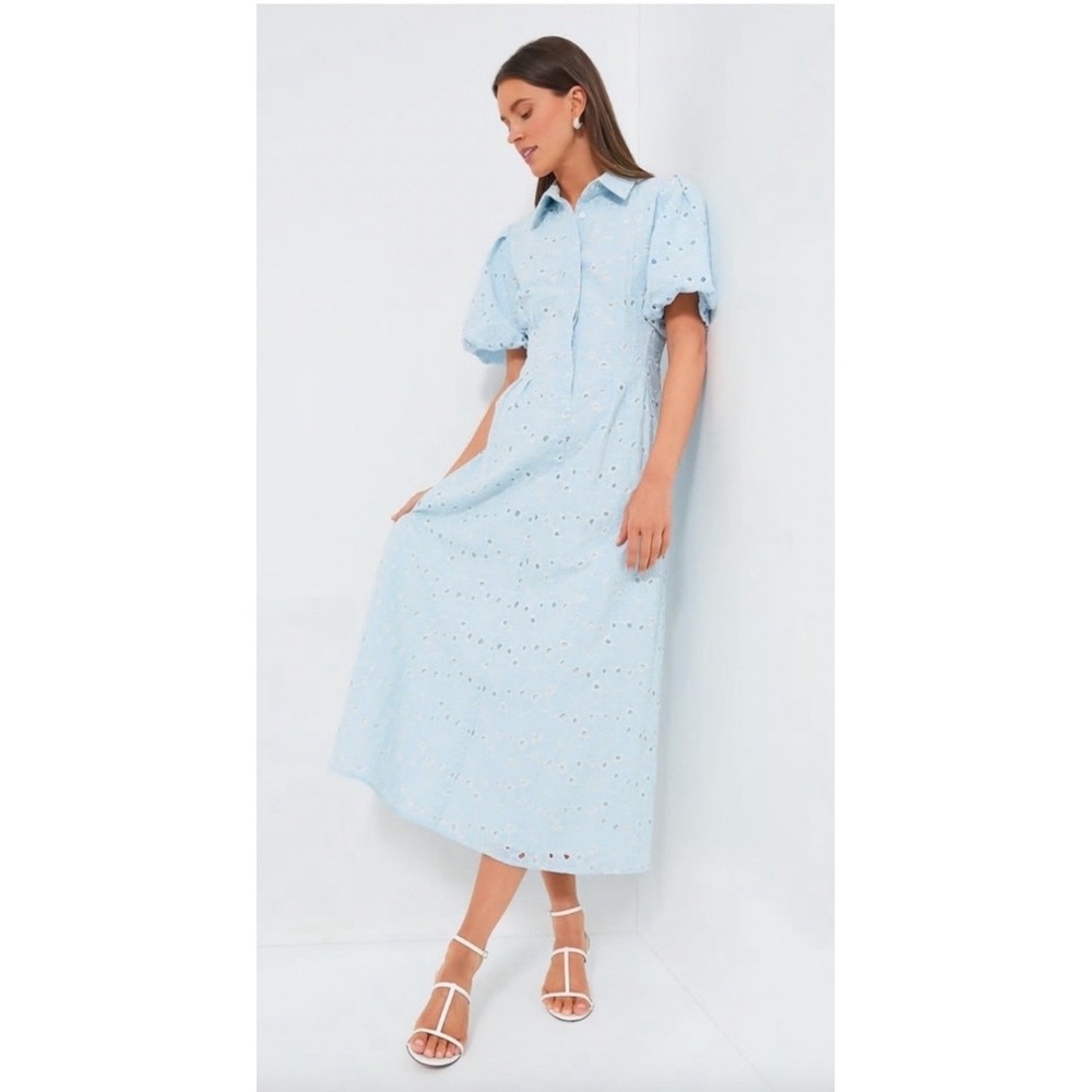 Tuckernuck Airy Blue Eyelet Delaney Midi Dress Puff Sleeve Cotton 2X NWT